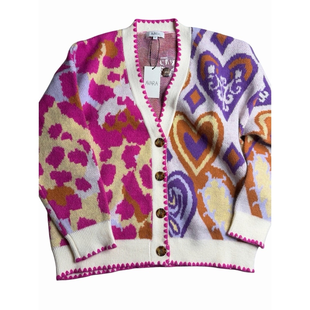 NWT Avara Leslie Cardigan Sweater Women's Small Colorblock Heart Leopard Knit